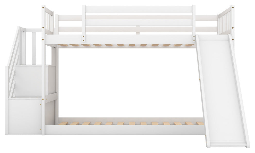 Twin over Twin Bunk Bed With Convertible Slide and Stairway, White