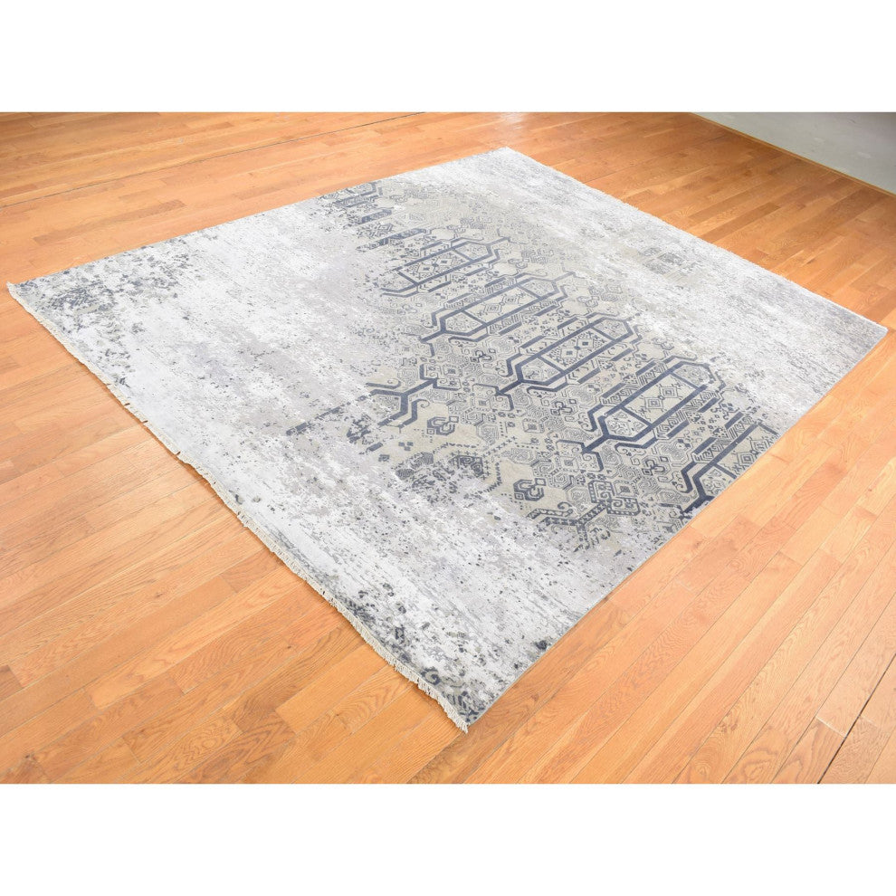 Gray, Broken and Erased Design, Art Wool and Silk Hand Knotted Rug, 8'x9'10"