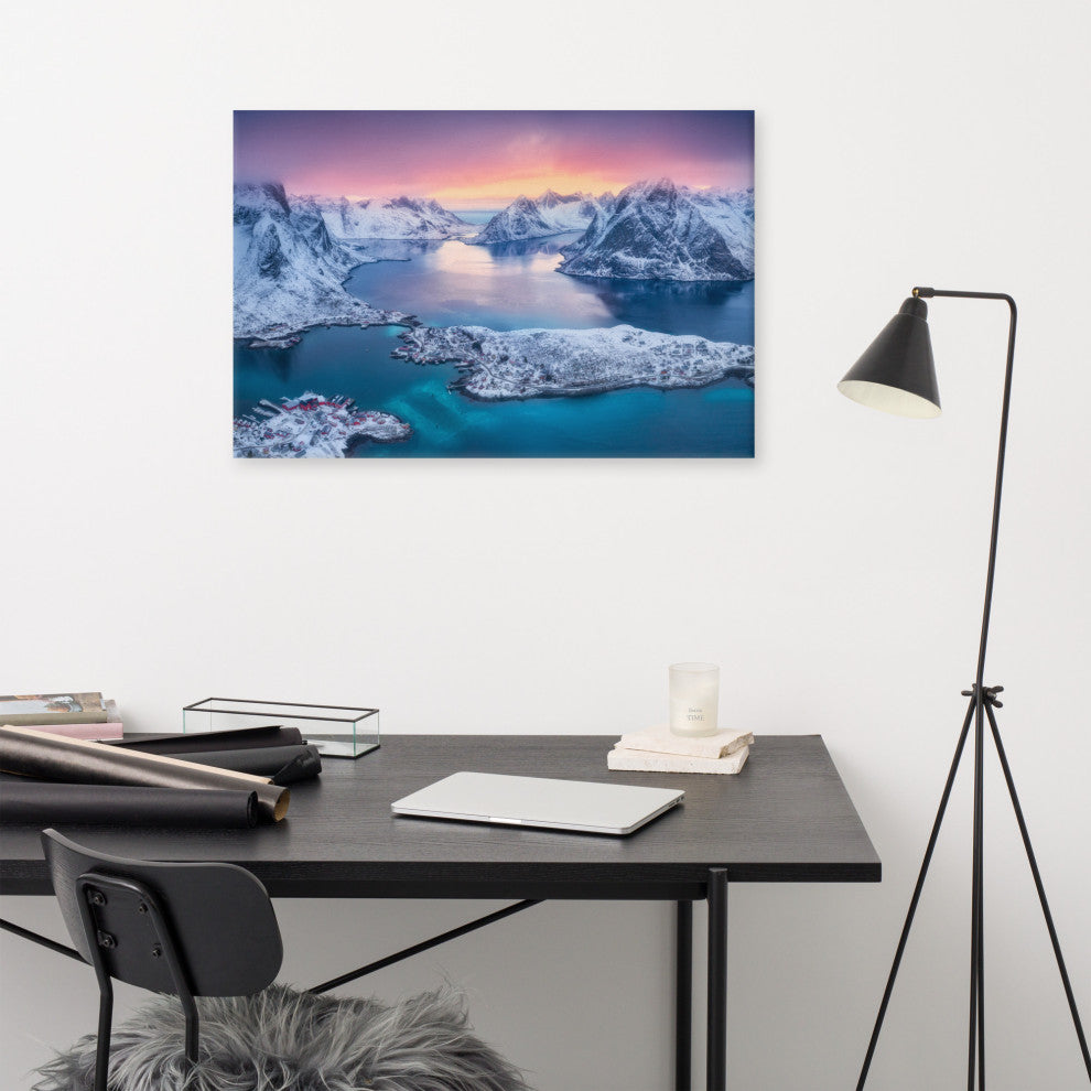 Reine at Winter Sunset Icy Mountain Landscape Photo Canvas Wall Art Prints, 24" X 36"