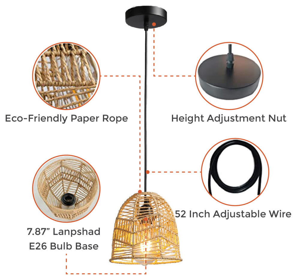 Natural & black light 7.87" Hanging Lamp Farmhouse Pendant Lighting Fixture