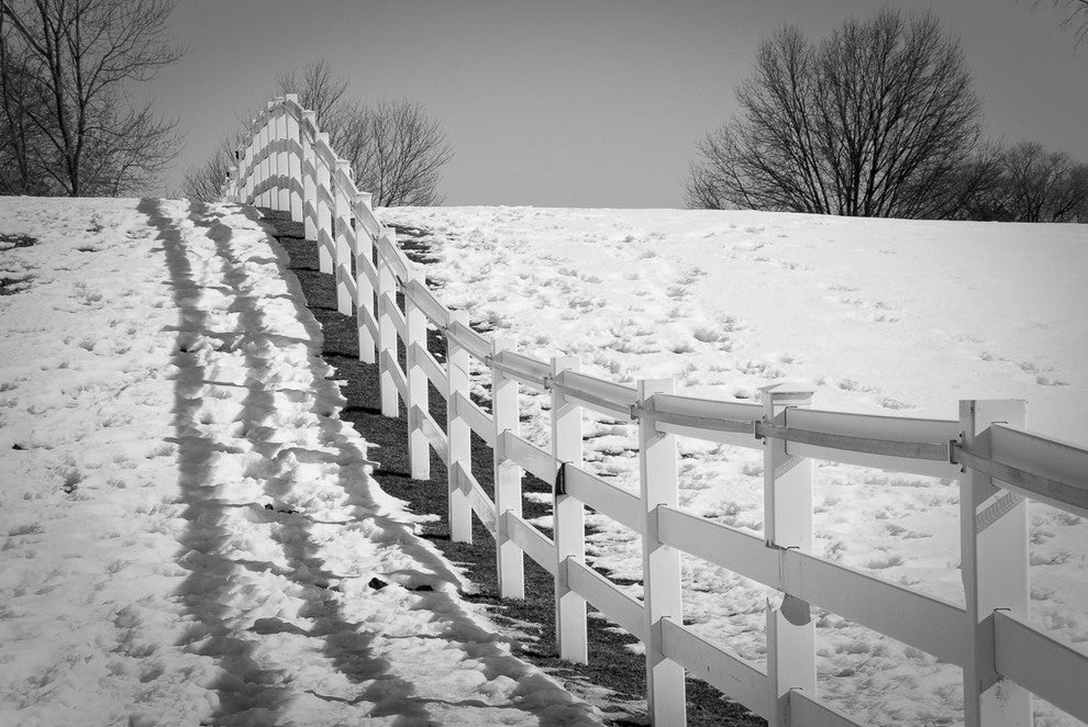 Endless Fence Rural Black & White Landscape Photo Canvas Wall Art Print, 12" X 16"