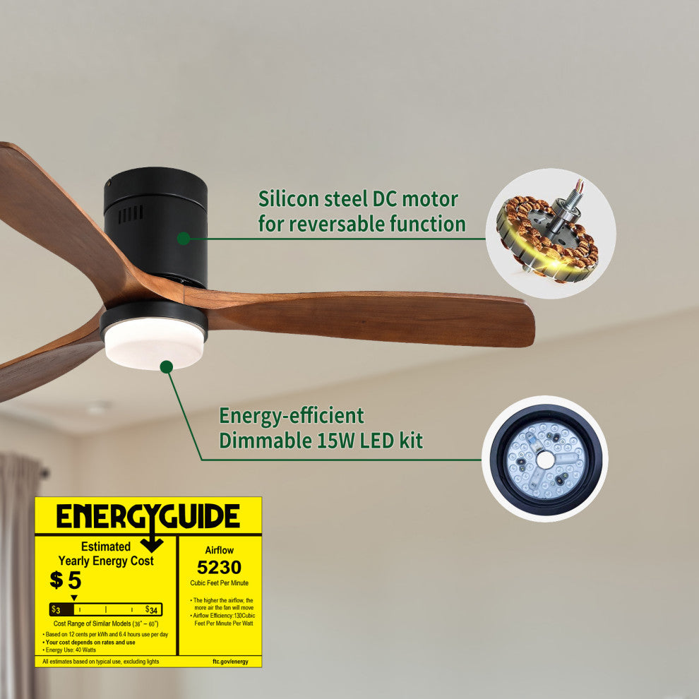 52" Solid Wood Ceiling Fanand Remote Control Reversible Blades, Matte Blck