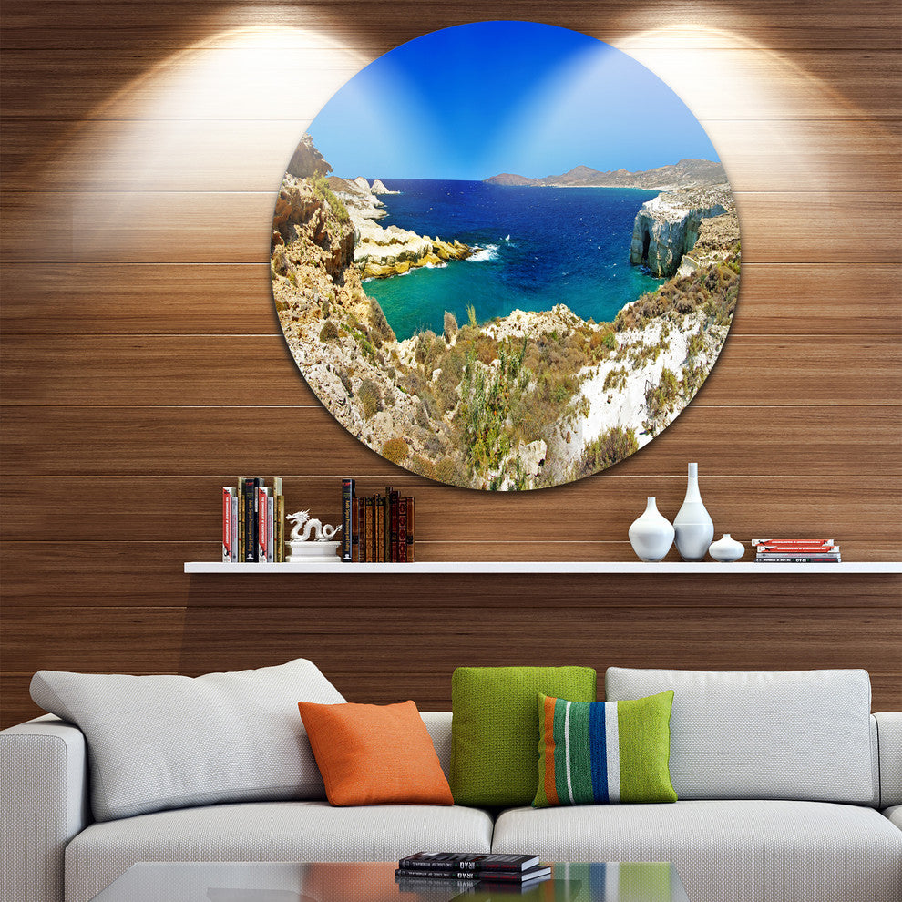 Milos Island Bay Panorama, Seashore Round Wall Art, 11"