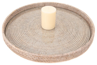 Artifacts Rattan™ Round Serving-Ottoman Tray with Glass Insert, White Wash, 16" Diameter