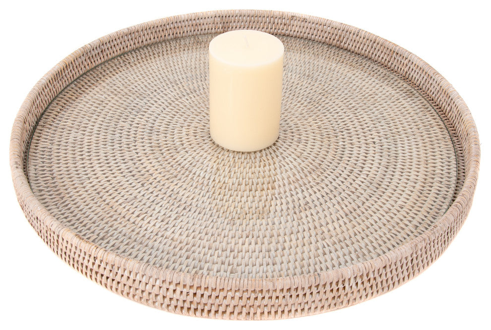 Artifacts Rattan™ Round Serving-Ottoman Tray with Glass Insert, White Wash, 16" Diameter