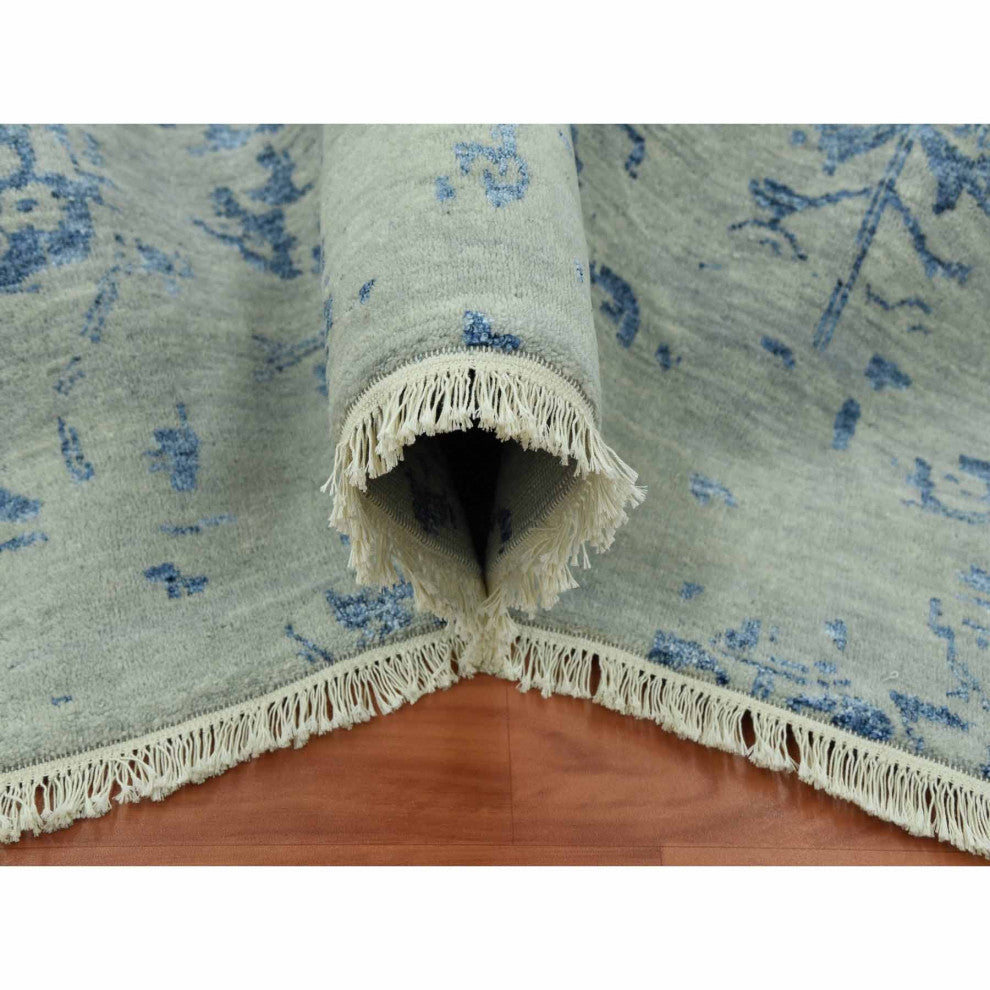 Silver Persian Erased Vase Design Wool and Silk Hand Knotted Rug, 10'0"x13'8"