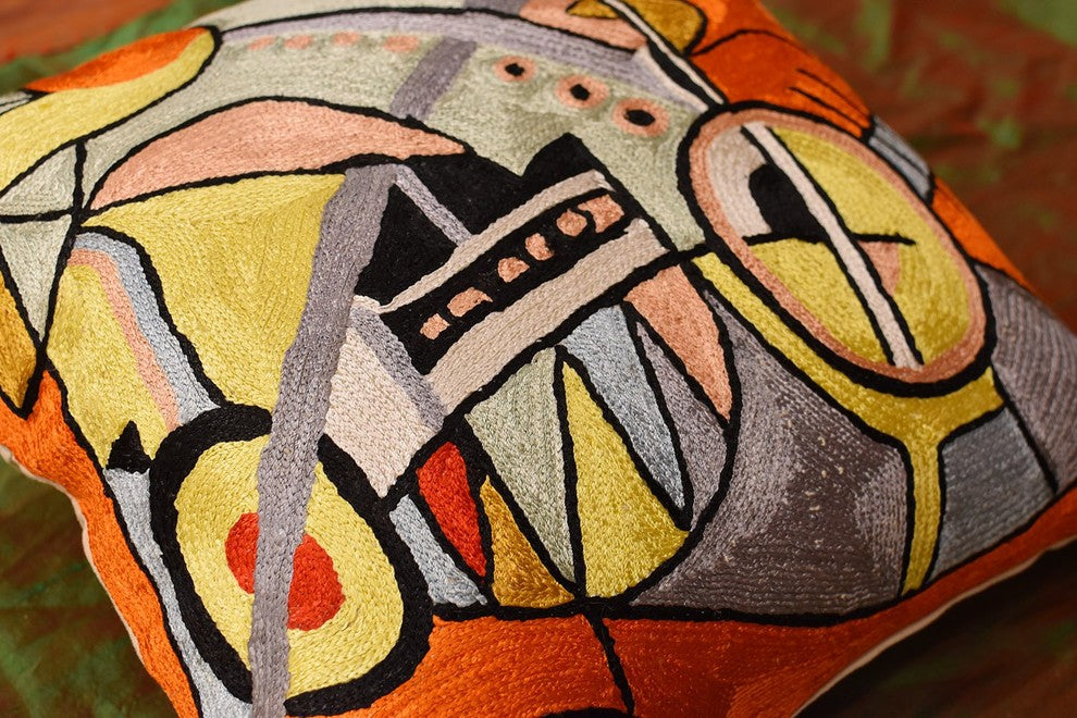 Kandinsky Symphony III Orange Pillow Cover Handembroidered Art Silk 18x18"