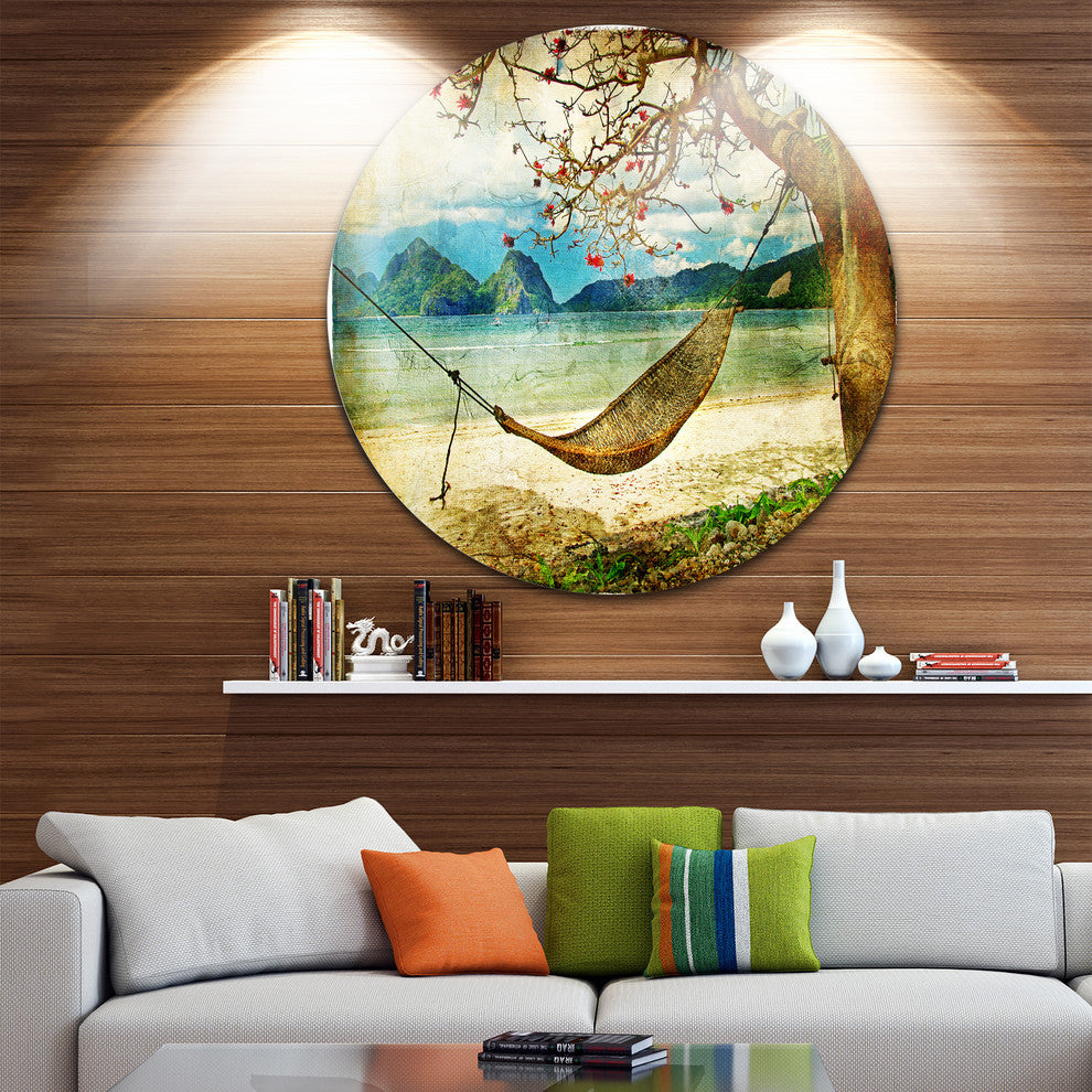 Tropical Sleeping Swing, Digital Art Landscape Disc Metal Wall Art, 23"