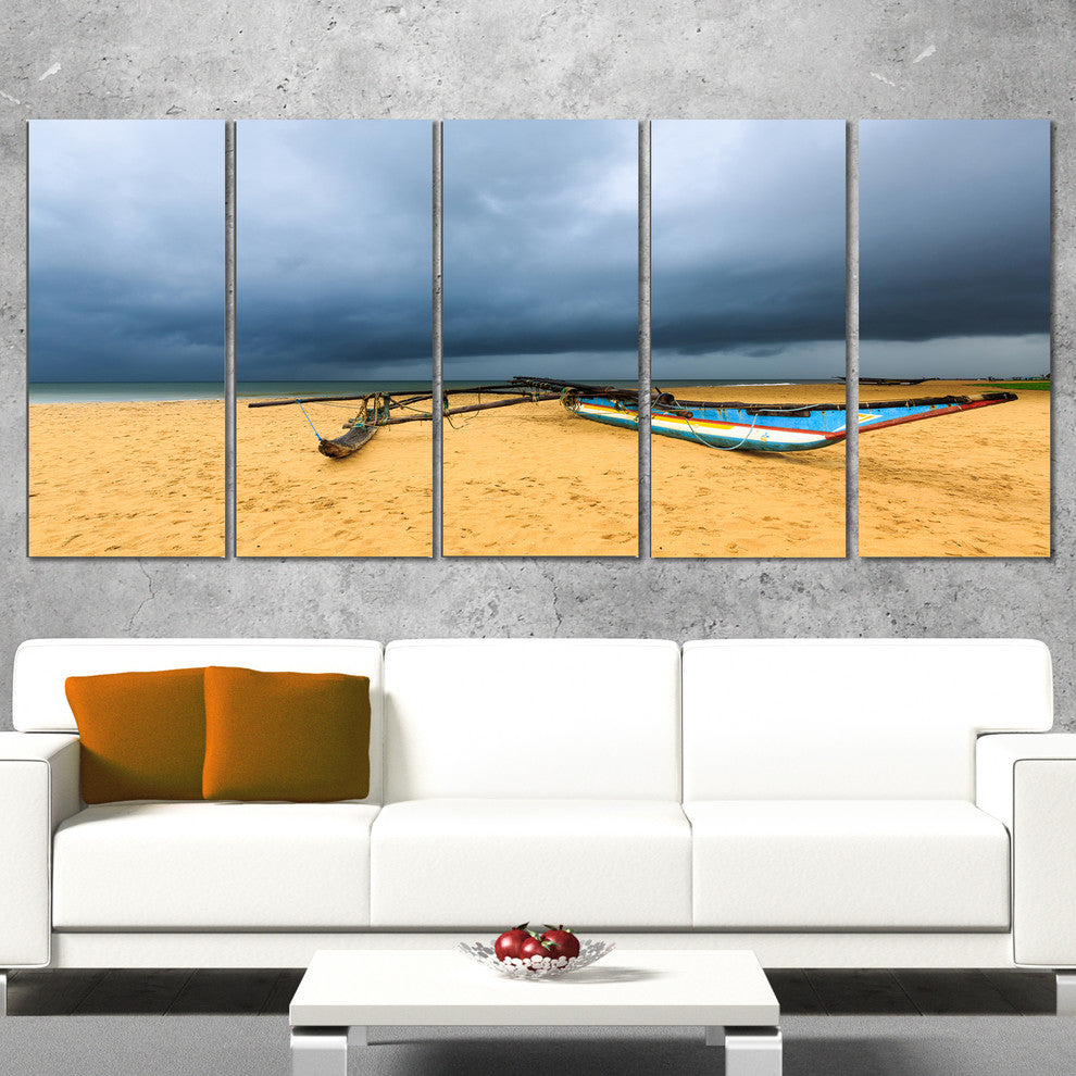 Beach with Dark Clouds above Ocean, Seashore Canvas Print, 60"x28", 5 Panels