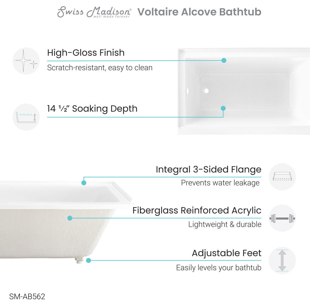 Voltaire 54x30, Acrylic Glossy White, Alcove, Bathtub, Left-Hand Drain