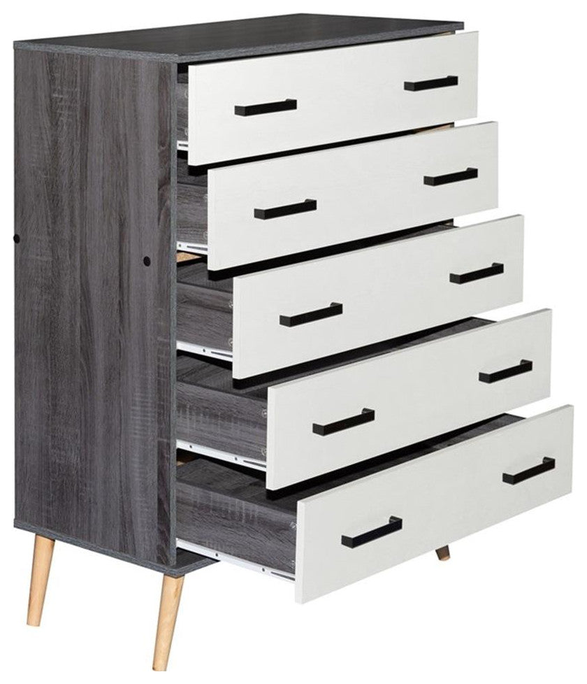 Better Home Products Eli Mid-Century Modern 5 Drawer Chest Charcoal & Silver Oak