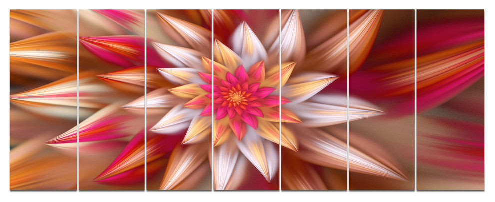 Huge Red Fractal Flower, Floral Canvas Art Print, 83"x32", 7 Panels