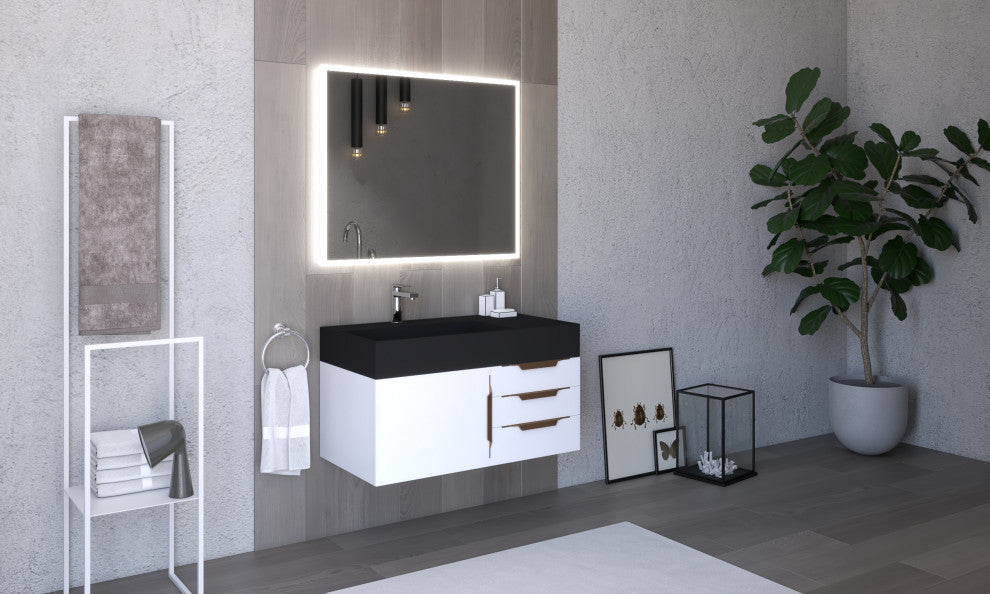 CastelloUSA Amazon 36" Wall Mount Vanity Set, White, Black Top, Gold Handles