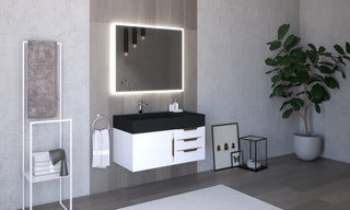 CastelloUSA Amazon 36" Wall Mount Vanity Set, White, Black Top, Gold Handles