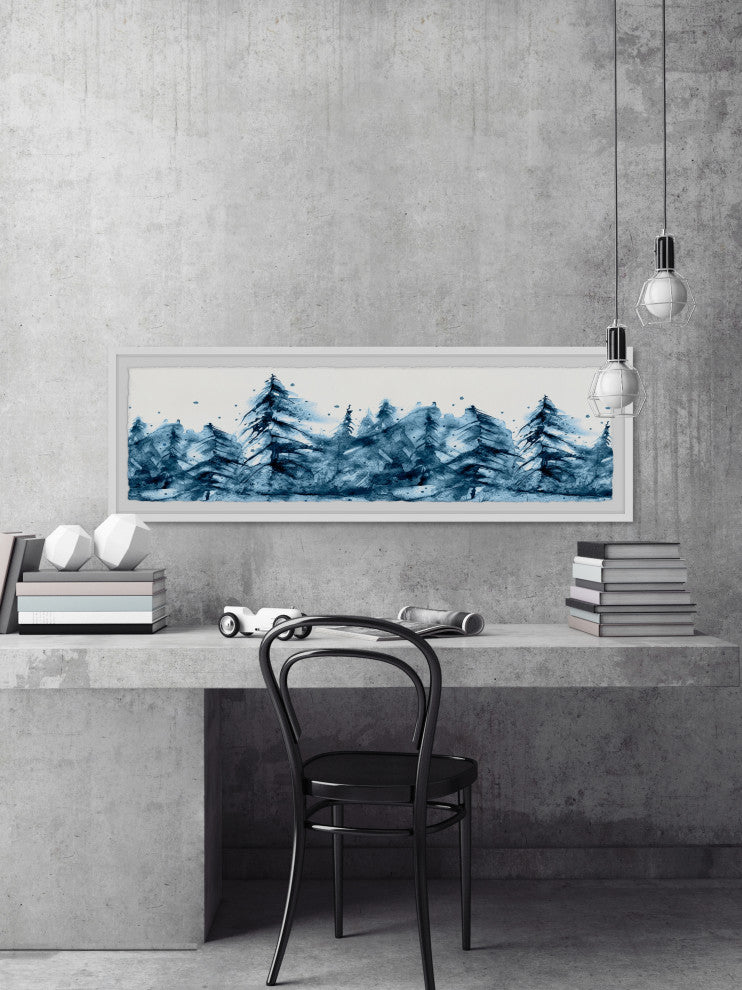 "Blue Foggy Forest" Framed Painting Print, 30x10