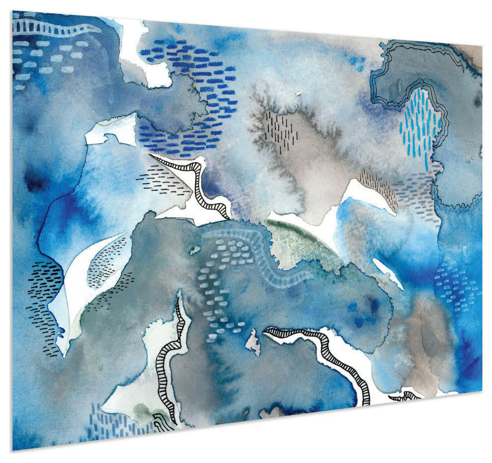 Blue Abstract Wall Art Printed on Frameless Free Floating Tempered Glass Panel