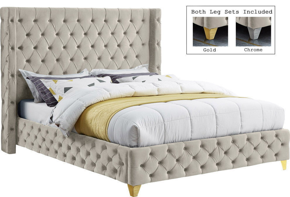 Savan Velvet Upholstered Bed, Cream, Full
