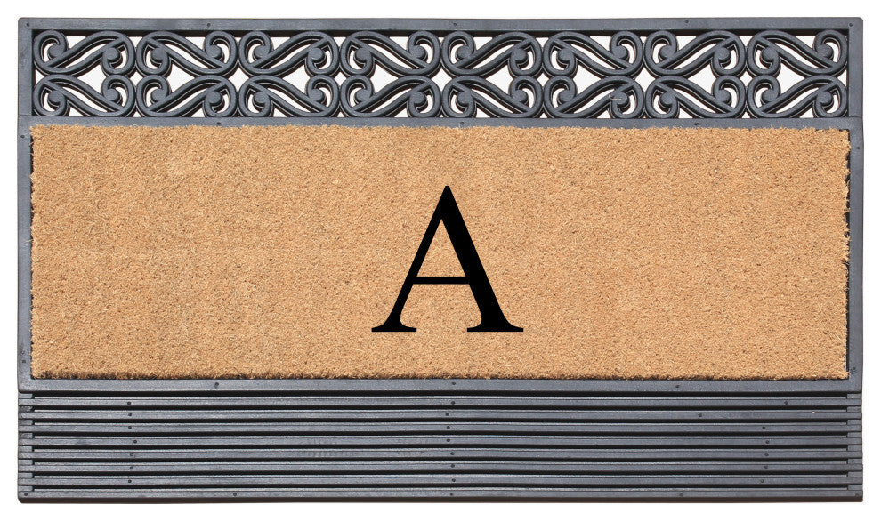 Rosewood Black/Beige 24"x36" Rubber And Coir Monogrammed Doormat, A