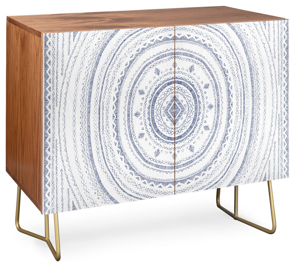 Deny Designs Blue Circle Credenza, Walnut, Gold Steel Legs