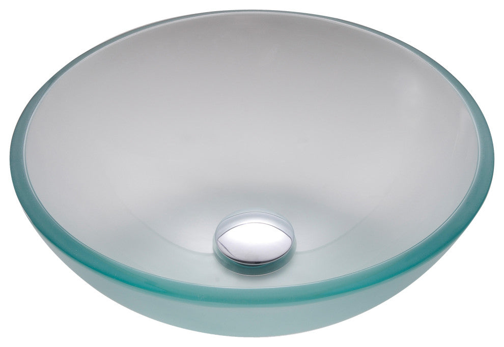 Frosted 14" Glass Vessel Bathroom Sink, PU Drain, Mounting Ring, Nickel