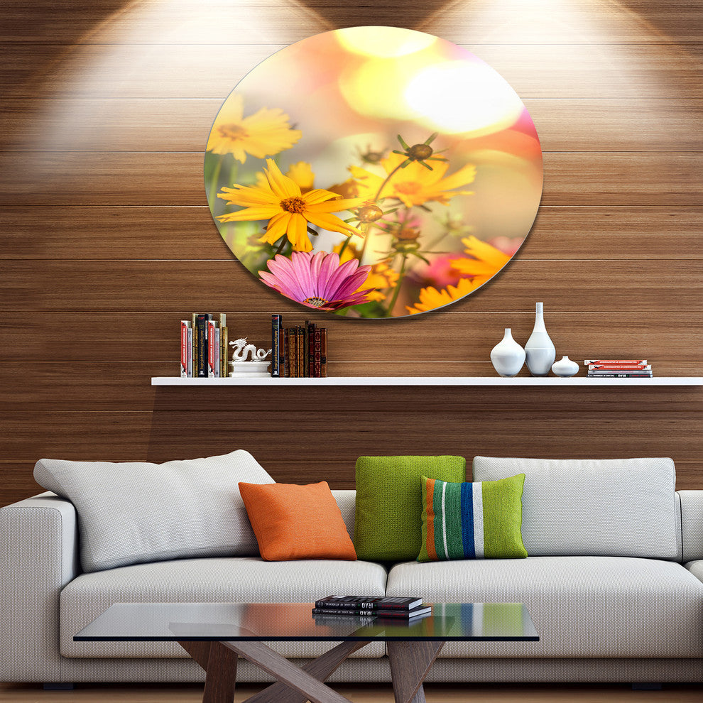 Blooming Yellow And Pink Flowers, Floral Disc Metal Artwork, 23"