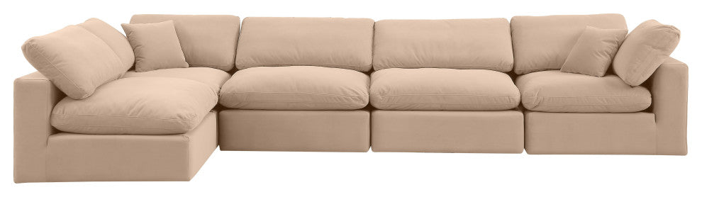 Comfy Upholstered L-Shaped Modular Sectional, Beige, 5-Piece: 3 Armless Chair, 2 Corner Chair, Velvet