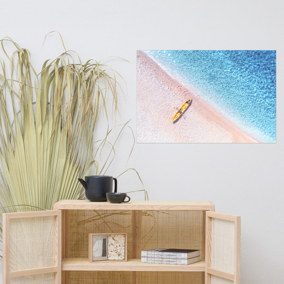 Yellow Canoe and Blue Sea by with Violet Glow Landscape Photo Loose Art Print, 24" X 36"