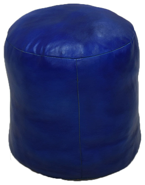 Pouf-Solid Handmade Leather Pouf (Recycled Foam with Fiber Fill), Blue, [Round)16x16x16