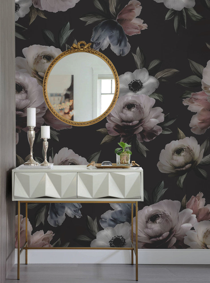 Floral Mural Wall Art Peel and Stick Vinyl Wallpaper, Midnight, 24"w X 96"h