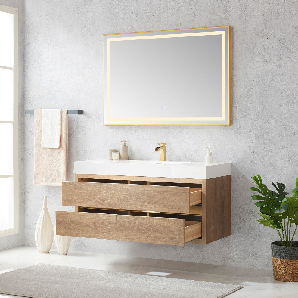 Palencia Floating Bath Vanity With Composite Stone Top, North American Oak, 48", No Mirror