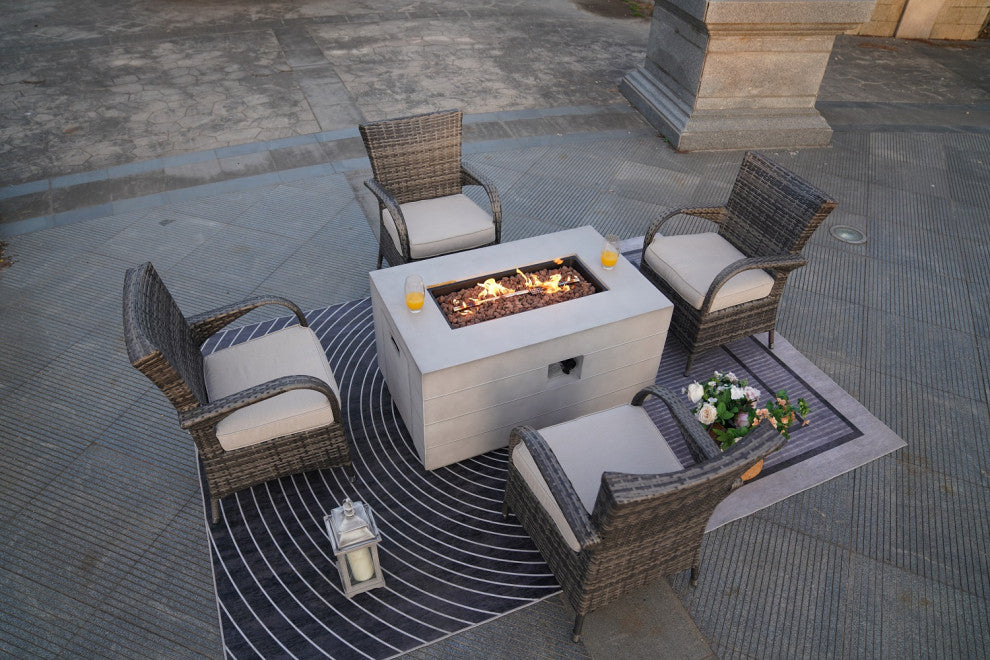 Patio Wood Coating Propane Fire Pit Table with Cushioned Chairs, Rectangle-1