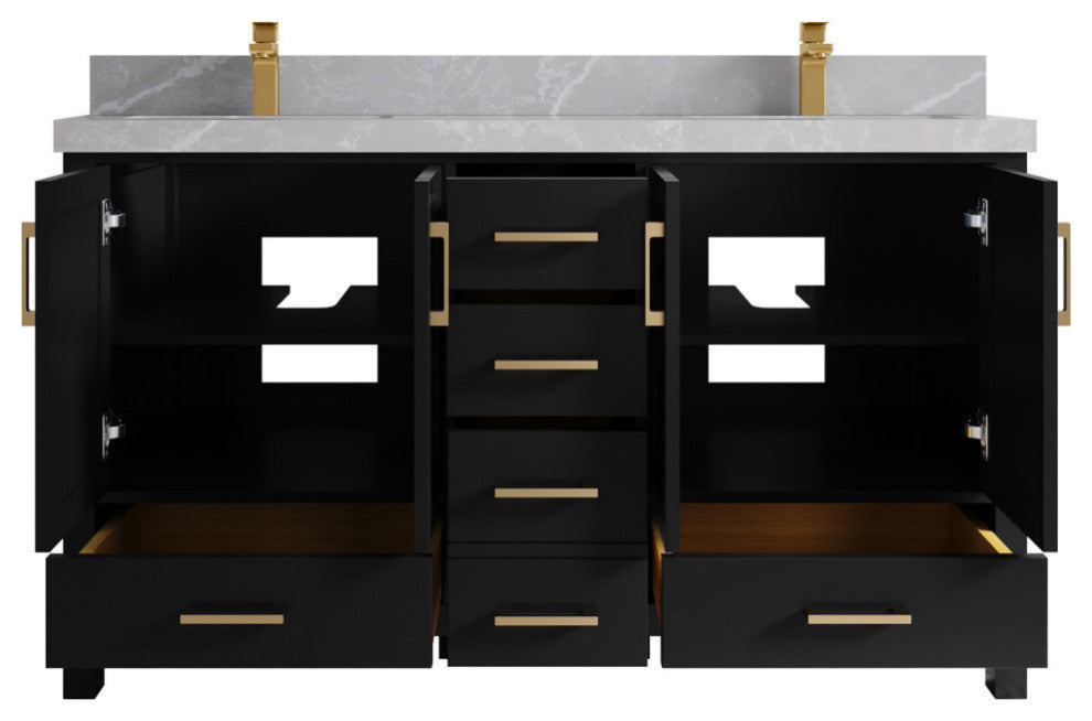 Malibu 60 Double Sink Bathroom Vanity in Black 2" Pearl Gray