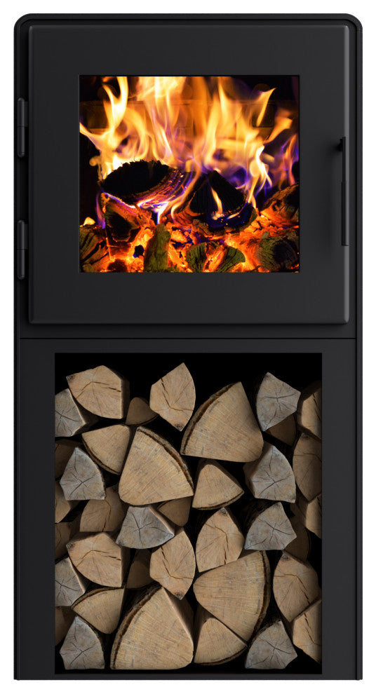Nova Tower Wood Stove, Satin Black Finish, Satin Black Door, Room Blower Fan