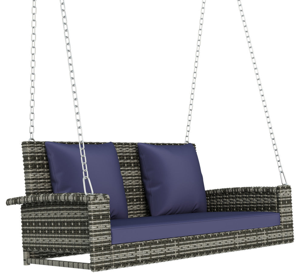 2-Person Wicker Hanging Rattan Porch Swing, Chains, Cushion, and Pillow, Gray Wicker