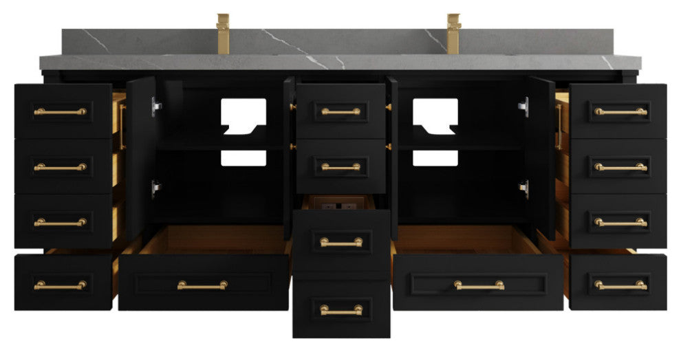 Aberdeen 84 Double Sink Bath Vanity in Black 2" Piatra Gray