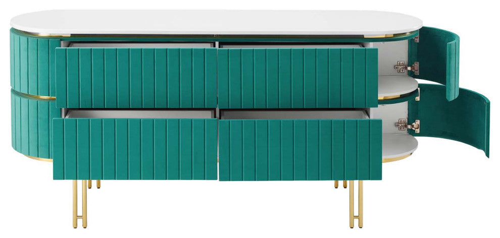 Console Entry Table Sideboard, White Teal Blue, Velvet, Modern Lounge Cafe