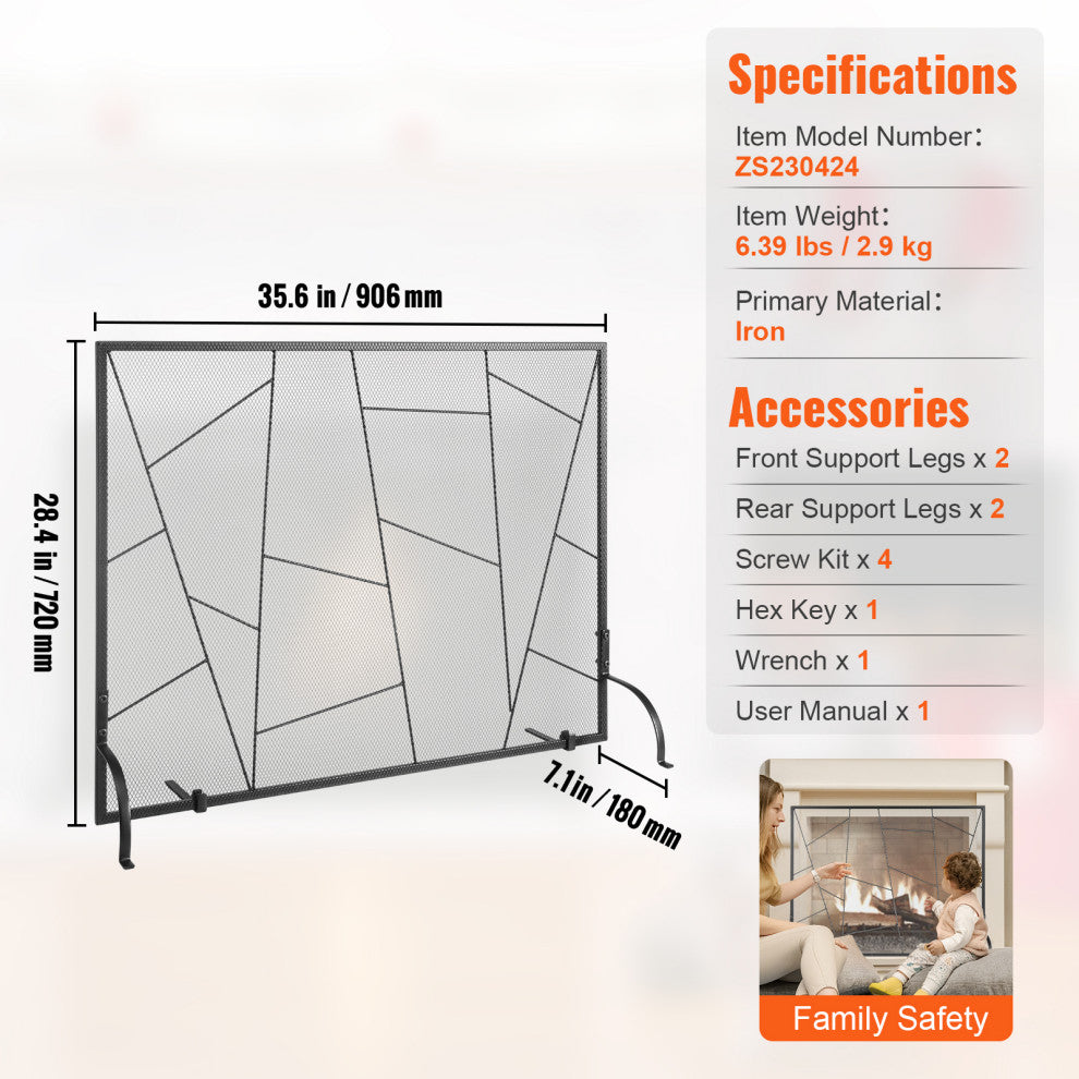 VEVOR 35.6"x28.4" Fireplace Screen 1-Panel Iron Mesh Spark Guard Modern