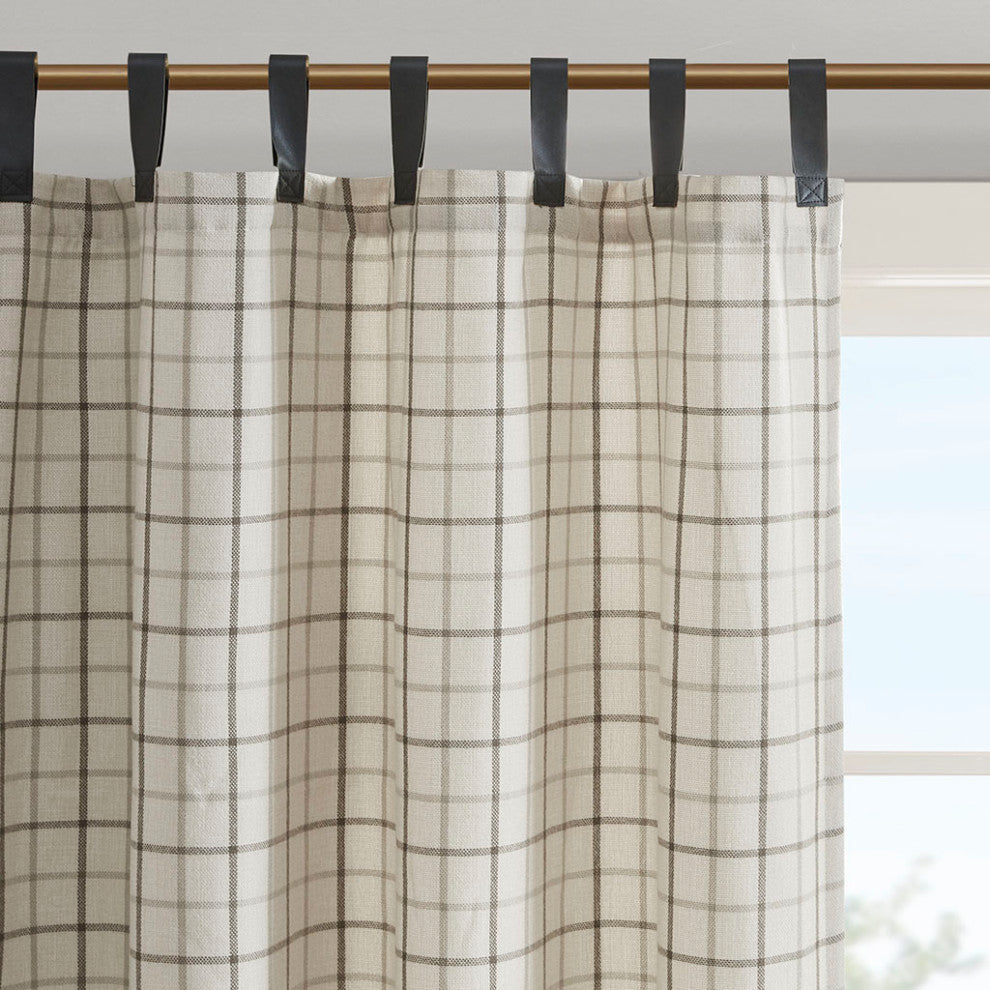 Madison Park Anaheim Plaid Window Panel with Fleece Lining, Beige, Beige, 50x84", Leather Tap Window Panel