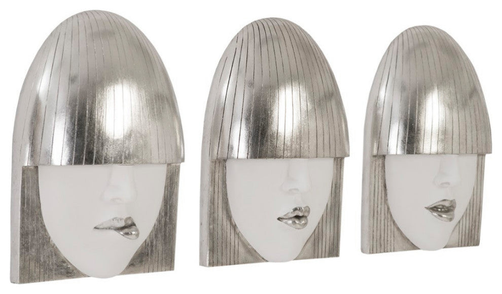Fashion Faces Wall Tiles, 3-Piece Set, Silver Leaf