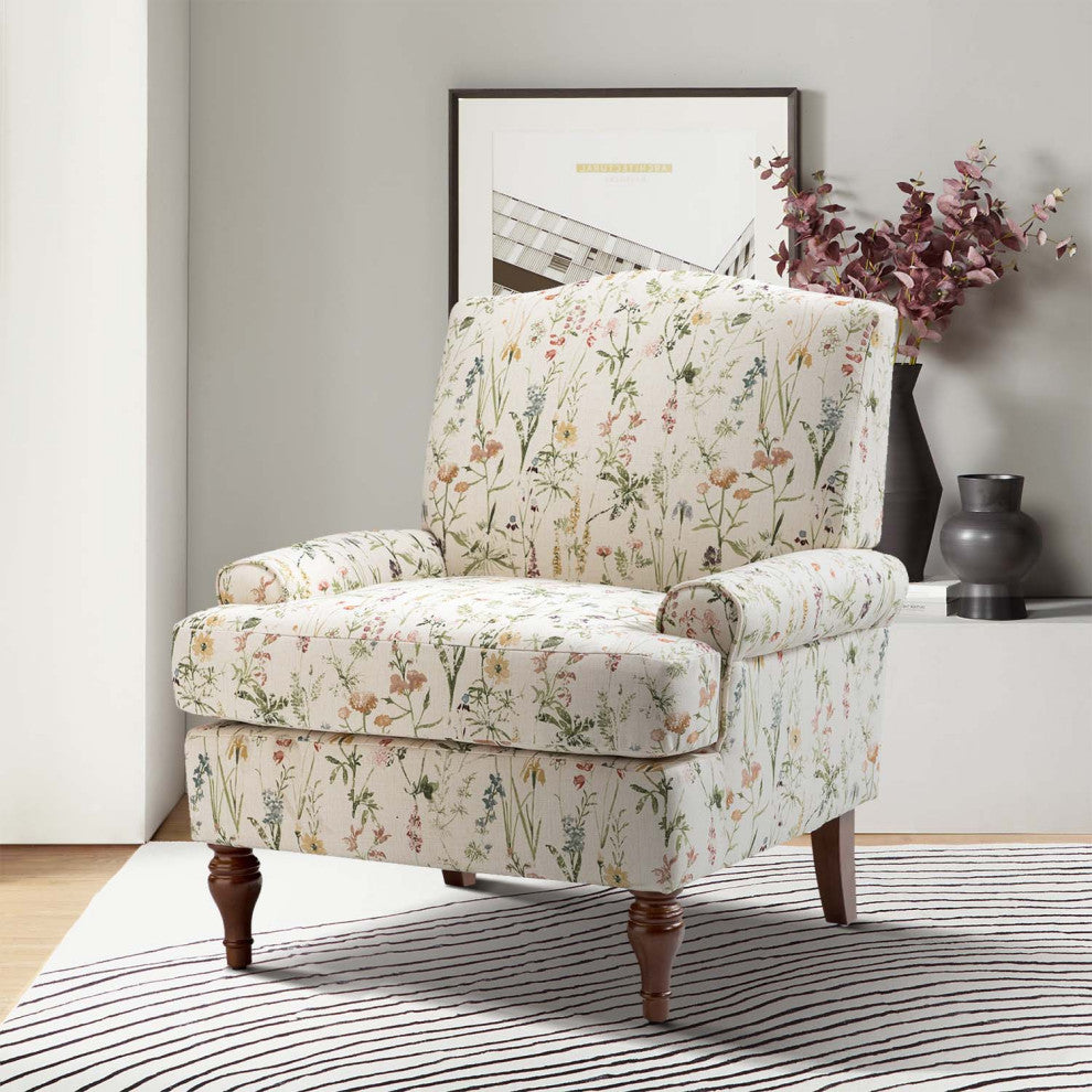 Armchair,Upholstered armchair with floral pattern, mid-century style., Spring