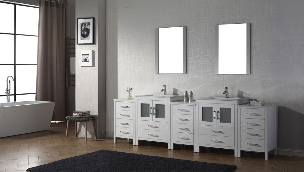 Virtu Dior 110" Double Bathroom Vanity, White, Polished Chrome Faucet, Mirrors