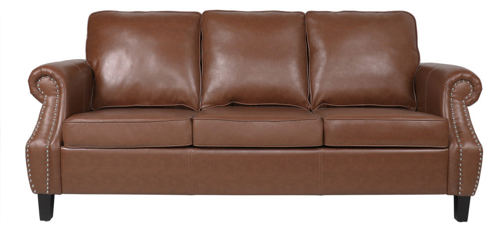 Burkehaven Contemporary Faux Leather 3 Seater Sofa With Nailhead Trim, Cognac Brown/Dark Brown