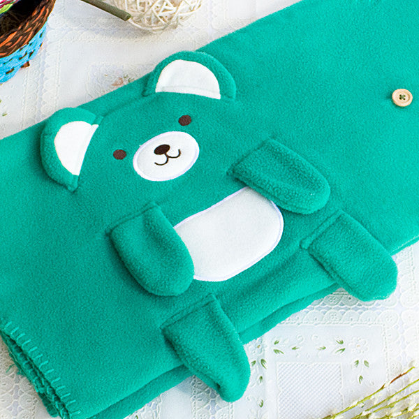 Happy Bear - Green Applique Coral Fleece Baby Throw Blanket (42.5"-59.1")
