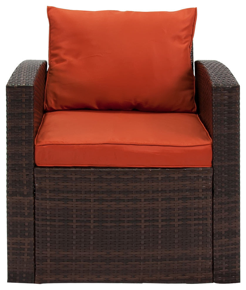 Rio 5-Piece Wicker Conversation Set With Storage, Dark Brown Wicker/Orange Cushi