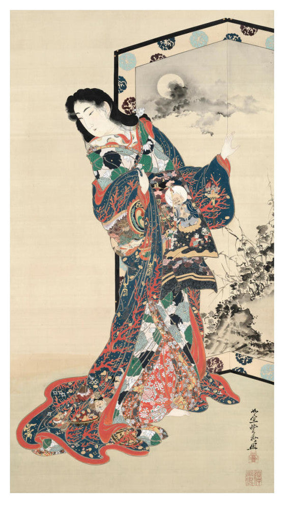 "Beauty before a Screen, 1800s" Digital Paper Print by Kawanabe Kyosai, 14"x24"