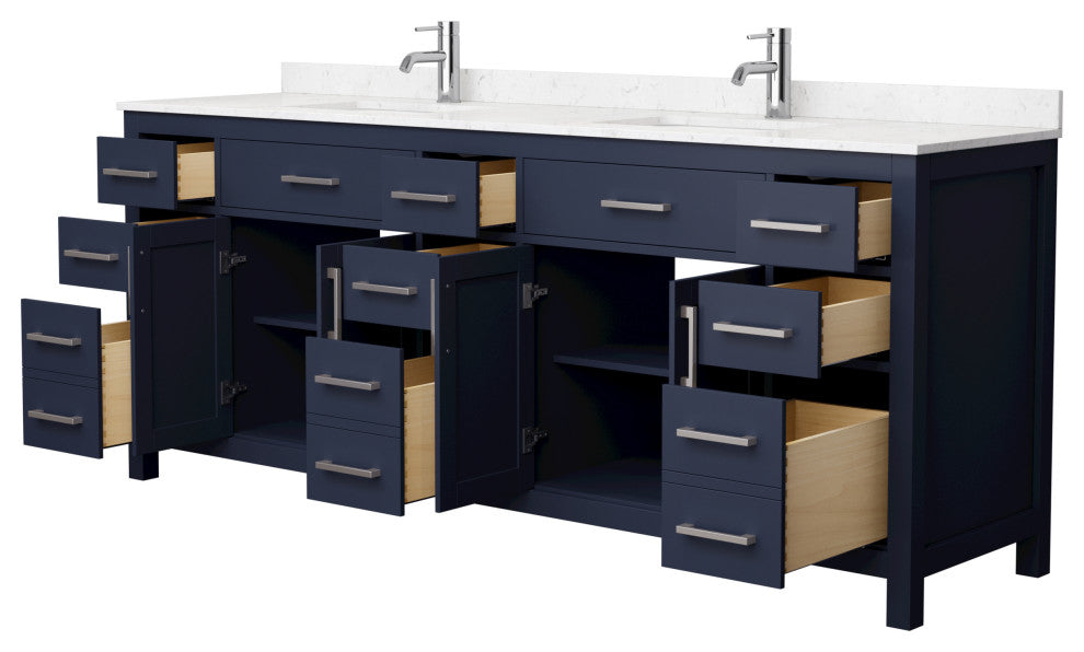 84"DBL Vanity Dark Blue, Carrara Cult. Marble Countertop, Sinks, Nickel Trim