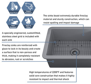 27in Undermount Single Bowl Fireclay Kitchen Sink with Grid and Drainer, Matte Gray