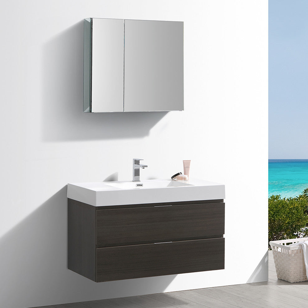 Valencia 40" Gray Oak Wall Hung Modern Bathroom Vanity, Medicine Cabinet