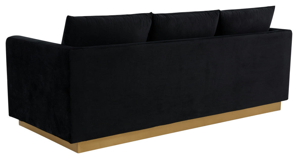 LeisureMod NS83BL Nervo Midnight Black Modern Mid-Century Gold Frame Velvet Sofa