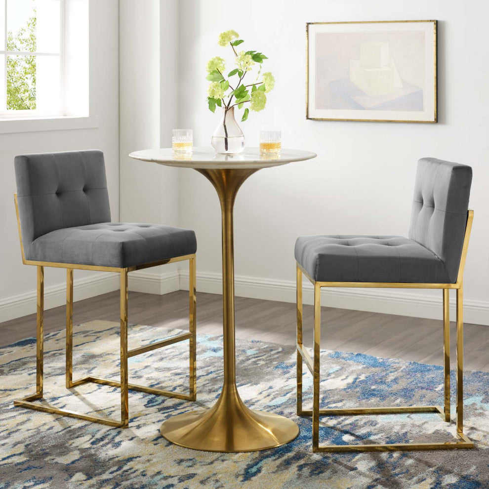 Bar Stool Chair Barstool, Set of 2, Velvet, Gold Gray, Bar Pub Cafe Bistro
